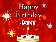 Happy Birthday Darcy GIF: A bright red happy birthday gif animated with a cake candle, and glitter and sparkles. Customize with name.