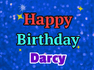 Happy Birthday Darcy GIF: An exciting blue glittered animated happy birthday gif with sparkles, glitter, and 3 lines of text with name to customize.
