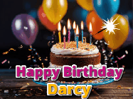 Happy Birthday Darcy GIF: A birthday cake with flickering candles gif with text reading Happy Birthday and a Name slot to customize