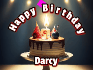 Happy Birthday Darcy GIF: Animated happy birthday gif with a cake and flickering candles with colorful falling confetti and text reading Happy Birthday