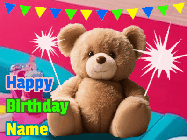 Happy Birthday Darcy GIF: A cute birthday teddy bear animated birthday gif with the bear holding sparklers and text to customize.