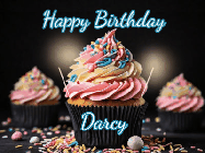 Happy Birthday Darcy GIF: A delicious cupcake gif with animated sparkles reading Happy Birthday with a name to customize