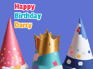 Happy Birthday Darcy GIF: Animated happy birthday gif with showing 3 party hats and confetti bursting over them.