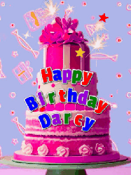 Happy Birthday Darcy GIF: A big beautiful birthday cake gif with falling confetti, sparklers, and balloons, reads Happy Birthday Name. Customize it.