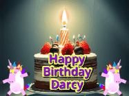 Happy Birthday Darcy GIF: An animated gif with 2 unicorns and a birthday candle on a cake.