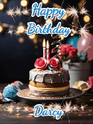 Happy Birthday Darcy GIF: Sparkles and glitter happy birthday gif with a cake and flickering candles and sparklers behind the words happy birthday customize