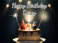Happy Birthday Darcy GIF: Animated birthday cake gif with sparklers on a dark background. Personalize up to 3 lines of text.
