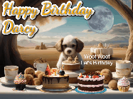 Happy Birthday Darcy GIF: Animated birthday gif with a dog at a fancy birthday table loaded with cakes as hearts appear. It reads Happy Birthday Customize.