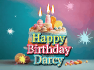 Happy Birthday Darcy GIF: A colorful animated Happy Birthday Cake GIF with swirling sparkles and flickering candles. It reads Happy Birthday Name