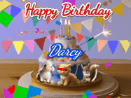 Happy Birthday Darcy GIF: Happy Birthday Cake GIF with a cat, lamb, and squirrel on the cake with flickering candles, a sparkler, and falling confetti. Reads Happy Birthday Name and you can customize the name