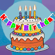 Happy Birthday Darla GIF: Festive birthday cake GIF with name, stars, hearts, and confetti streaking past and flickering candles.