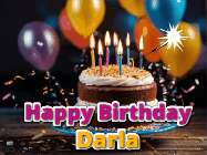 Happy Birthday Darla GIF: A birthday cake with flickering candles gif with text reading Happy Birthday and a Name slot to customize