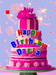 Happy Birthday Darla GIF: A big beautiful birthday cake gif with falling confetti, sparklers, and balloons, reads Happy Birthday Name. Customize it.