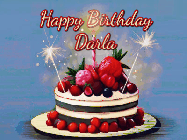 Happy Birthday Darla GIF: Animated GIF of a birthday cake covered in berries with 2 sparklers and a candle, reads Happy Birthday Name. Customize it.