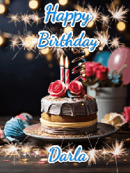 Happy Birthday Darla GIF: Sparkles and glitter happy birthday gif with a cake and flickering candles and sparklers behind the words happy birthday customize