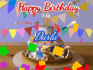 Happy Birthday Darla GIF: Happy Birthday Cake GIF with a cat, lamb, and squirrel on the cake with flickering candles, a sparkler, and falling confetti. Reads Happy Birthday Name and you can customize the name