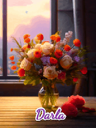 Happy Birthday Darla GIF: A vase of flowers and animated hearts pop in and out as the words Happy Birthday Name appears that you can customize