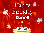 Happy Birthday Darrell GIF: A bright red happy birthday gif animated with a cake candle, and glitter and sparkles. Customize with name.