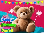Happy Birthday Darrell GIF: A cute birthday teddy bear animated birthday gif with the bear holding sparklers and text to customize.