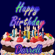 Happy Birthday Darrell GIF: A dark blue birthday gif with a beautiful cake with flickering candles, background sparkles and a name to customize.