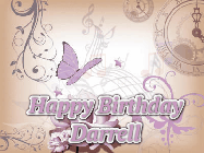 Happy Birthday Darrell GIF: Classical birthday gif background with colorful musical notes floating past and a name you can customize, reads Happy Birthday.