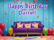 Happy Birthday Darrell GIF: Animated gif happy birthday with 3 rings of fireworks in front of a party room sofa. Customize it.