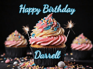 Happy Birthday Darrell GIF: A delicious cupcake gif with animated sparkles reading Happy Birthday with a name to customize