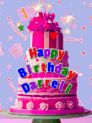 Happy Birthday Darrell GIF: A big beautiful birthday cake gif with falling confetti, sparklers, and balloons, reads Happy Birthday Name. Customize it.