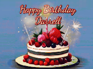 Happy Birthday Darrell GIF: Animated GIF of a birthday cake covered in berries with 2 sparklers and a candle, reads Happy Birthday Name. Customize it.