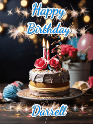 Happy Birthday Darrell GIF: Sparkles and glitter happy birthday gif with a cake and flickering candles and sparklers behind the words happy birthday customize