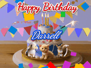 Happy Birthday Darrell GIF: Happy Birthday Cake GIF with a cat, lamb, and squirrel on the cake with flickering candles, a sparkler, and falling confetti. Reads Happy Birthday Name and you can customize the name