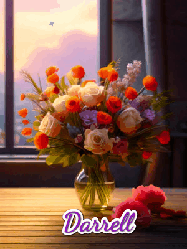 Happy Birthday Darrell GIF: A vase of flowers and animated hearts pop in and out as the words Happy Birthday Name appears that you can customize