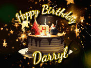 Happy Birthday Darryl GIF: Bursting stars fall past a birthday cake in this animated birthday gif with name you can customize. Dark background.