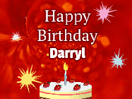 Happy Birthday Darryl GIF: A bright red happy birthday gif animated with a cake candle, and glitter and sparkles. Customize with name.