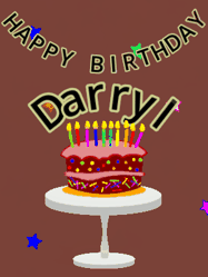 Happy Birthday Darryl GIF: Animated birthday gif of a chocolate cartoon cake and stars. Animated text can be customized with name.