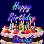 Happy Birthday Darryl GIF: A dark blue birthday gif with a beautiful cake with flickering candles, background sparkles and a name to customize.