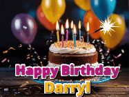 Happy Birthday Darryl GIF: A birthday cake with flickering candles gif with text reading Happy Birthday and a Name slot to customize