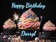 Happy Birthday Darryl GIF: A delicious cupcake gif with animated sparkles reading Happy Birthday with a name to customize