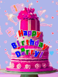 Happy Birthday Darryl GIF: A big beautiful birthday cake gif with falling confetti, sparklers, and balloons, reads Happy Birthday Name. Customize it.