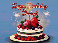 Happy Birthday Darryl GIF: Animated GIF of a birthday cake covered in berries with 2 sparklers and a candle, reads Happy Birthday Name. Customize it.