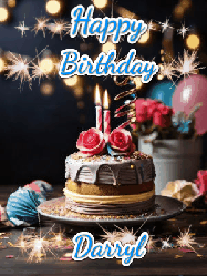 Happy Birthday Darryl GIF: Sparkles and glitter happy birthday gif with a cake and flickering candles and sparklers behind the words happy birthday customize
