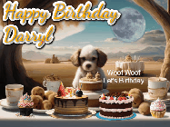 Happy Birthday Darryl GIF: Animated birthday gif with a dog at a fancy birthday table loaded with cakes as hearts appear. It reads Happy Birthday Customize.
