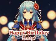Happy Birthday Darryl GIF: Anime girl holding a birthday cake and an animated sword falls into it. Text reads Happy Birthday Customize