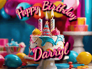 Happy Birthday Darryl GIF: Animated birthday gif with a beautiful colorful birthday can and sparkles in the air. It reads Happy Birthday Customize.