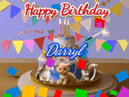 Happy Birthday Darryl GIF: Happy Birthday Cake GIF with a cat, lamb, and squirrel on the cake with flickering candles, a sparkler, and falling confetti. Reads Happy Birthday Name and you can customize the name