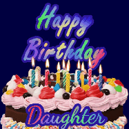 Happy Birthday Daughter GIF: A dark blue birthday gif with a beautiful cake with flickering candles, background sparkles and a name to customize.