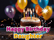 Happy Birthday Daughter GIF: A birthday cake with flickering candles gif with text reading Happy Birthday and a Name slot to customize