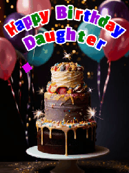 Happy Birthday Daughter GIF: Beautiful birthday cake animated gif, a celebration of balloons, confetti, and sparklers. Customize banner and name.