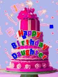 Happy Birthday Daughter GIF: A big beautiful birthday cake gif with falling confetti, sparklers, and balloons, reads Happy Birthday Name. Customize it.
