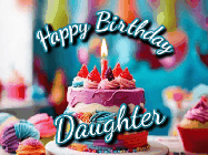 Happy Birthday Daughter GIF: Animated Happy Birthday Gif reading Happy Birthday Customize. Depicts a colorful birthday with flickering candles and glitter.